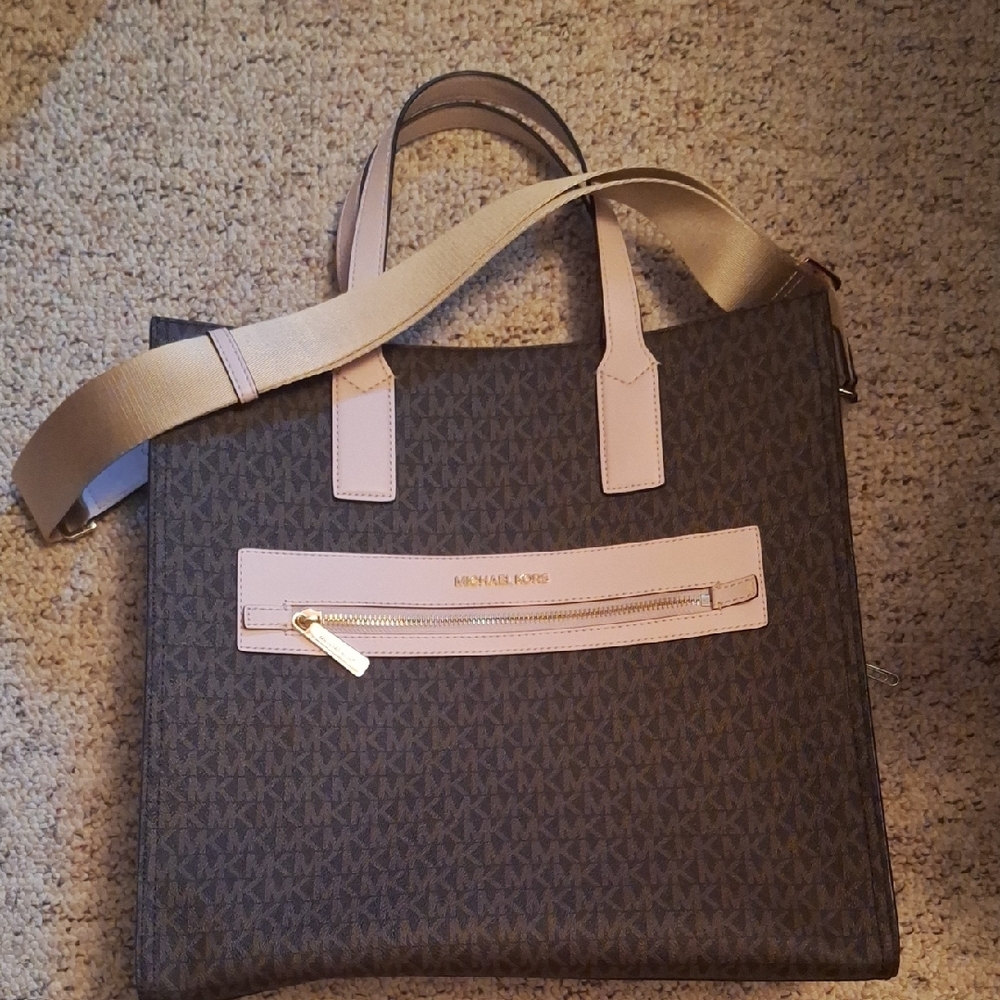Michael Kors Brown With Pink Handles  Zipper Tote Bag